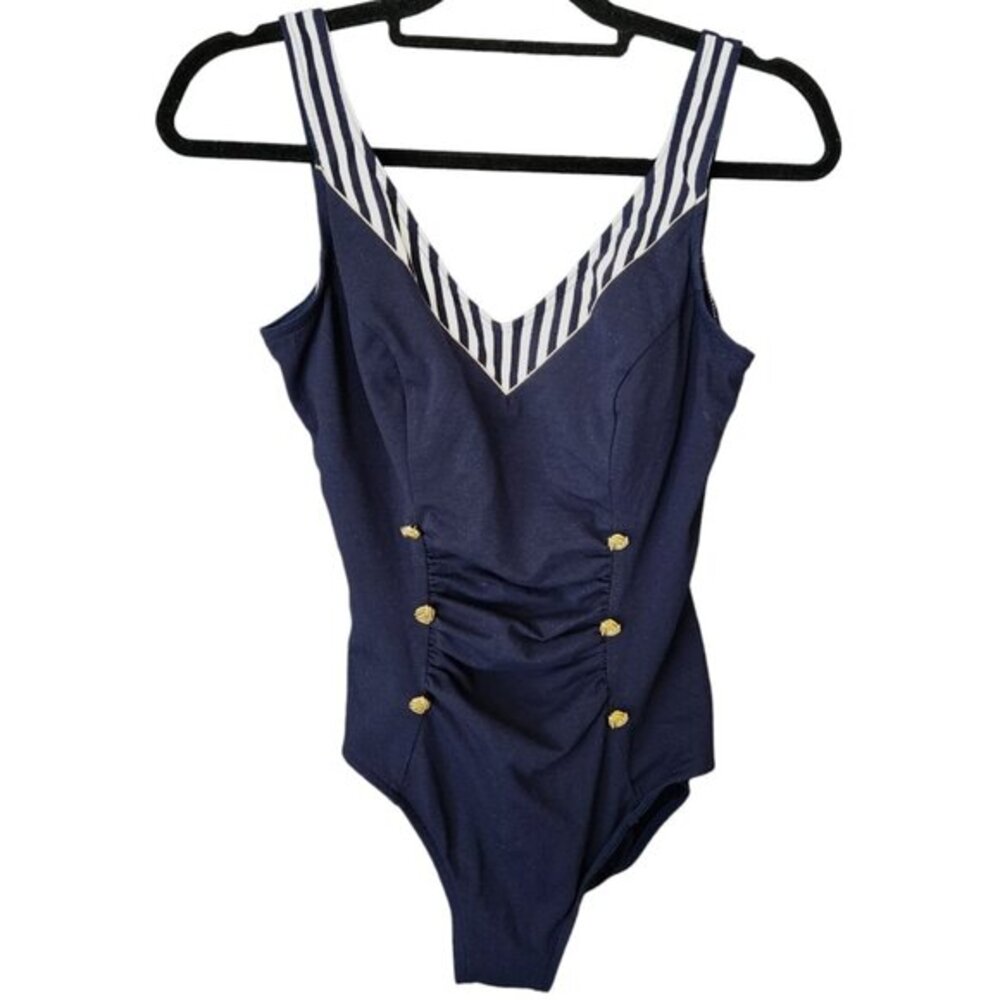 Vintage Le Cove Nautical Sailor Swimsuit‎ sz 14 Blue One Piece Bathing Suit Gold